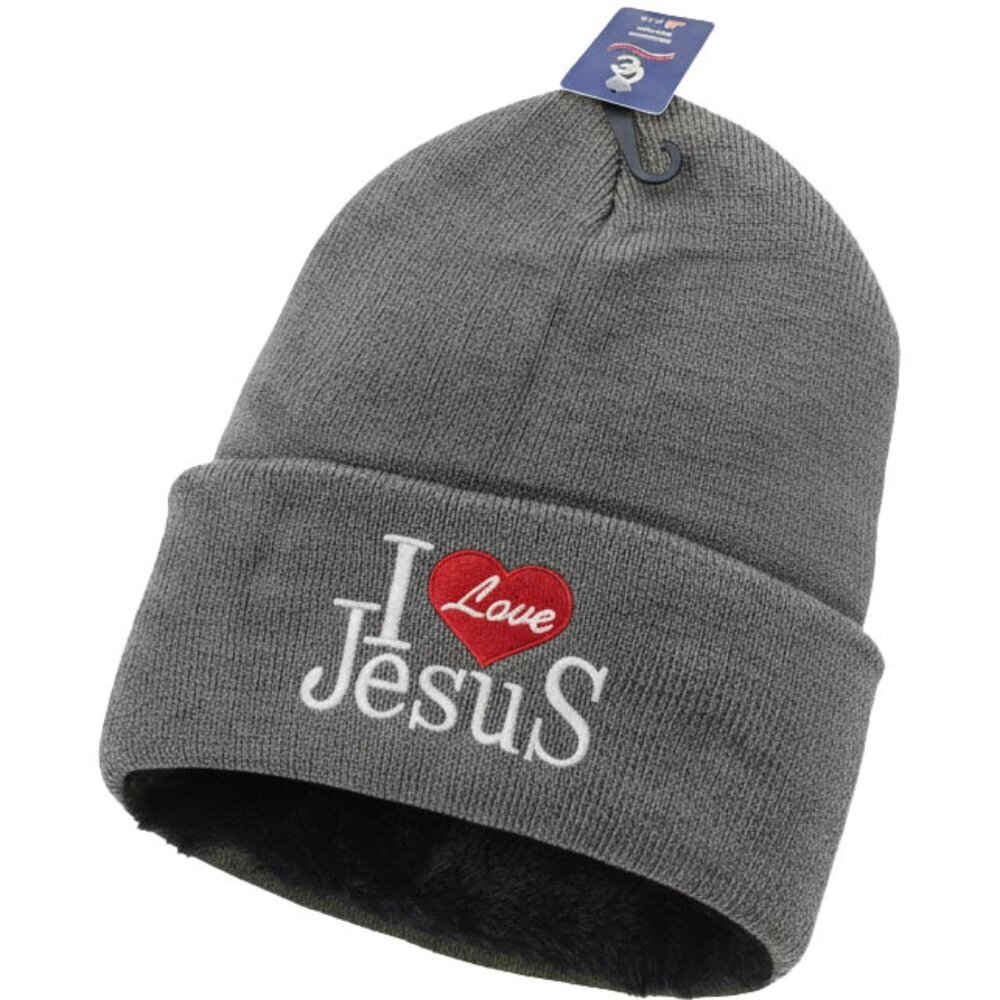 "I Love Jesus" Winter Fleece-Lined Warm Hat, Gray